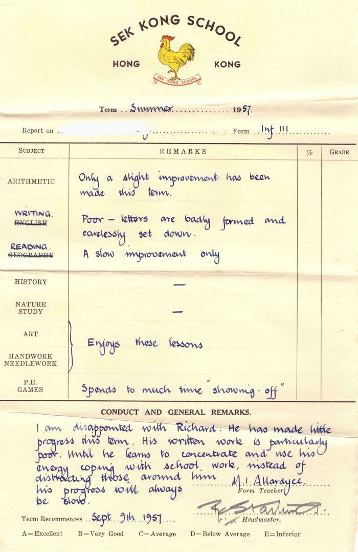 Old school report card from 1957 showing handwritten remarks and grades, a fascinating old image from history.