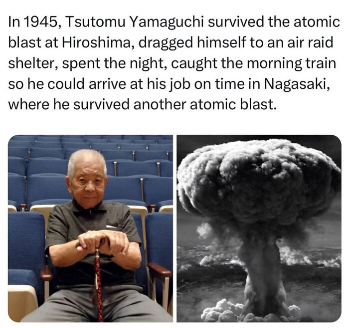 Man sitting in an empty auditorium next to an image of an atomic explosion, showcasing fascinating survival facts.