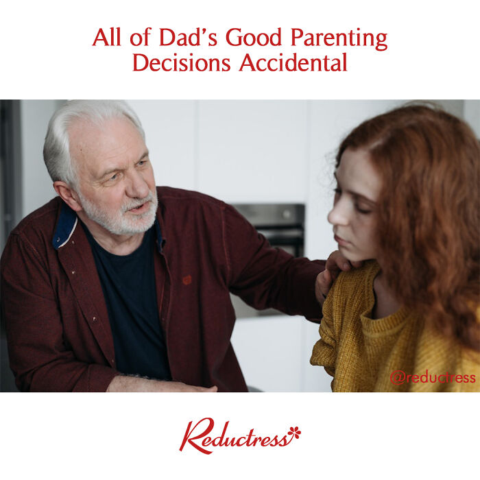 Humorous fake article headline from Reductress shows elderly man talking to a young woman about parenting decisions.