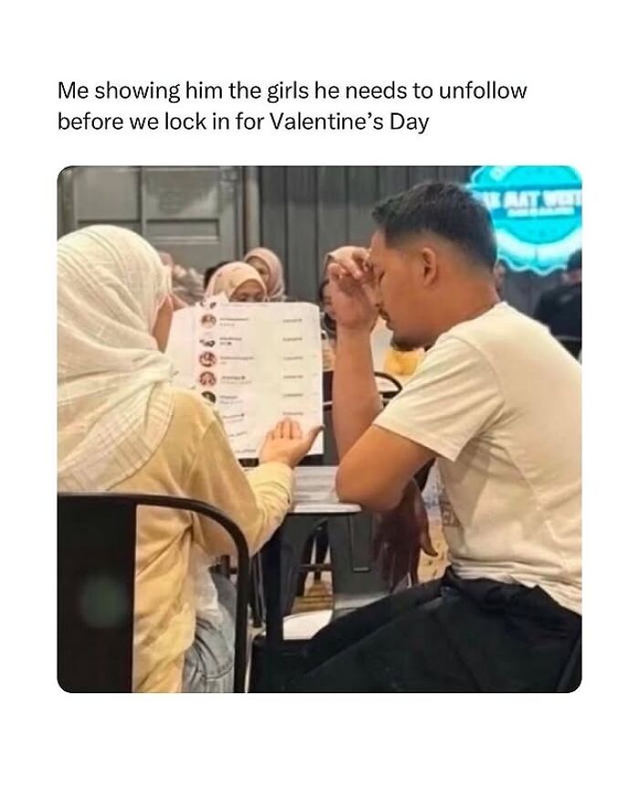 Couple at a table with woman showing man a list, illustrating a funny circle of idiots meme about social media unfollowing.