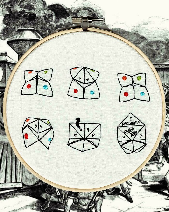 Embroidery hoop displaying stitched colorful paper fortune teller design showcasing incredible embroidery skills.