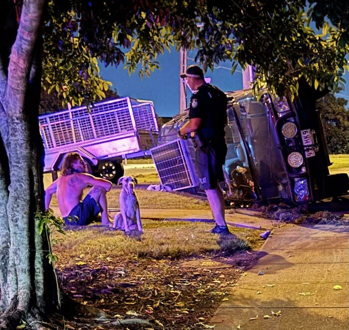 Police officer and shirtless man with a dog beside an overturned vehicle at night, Australia.