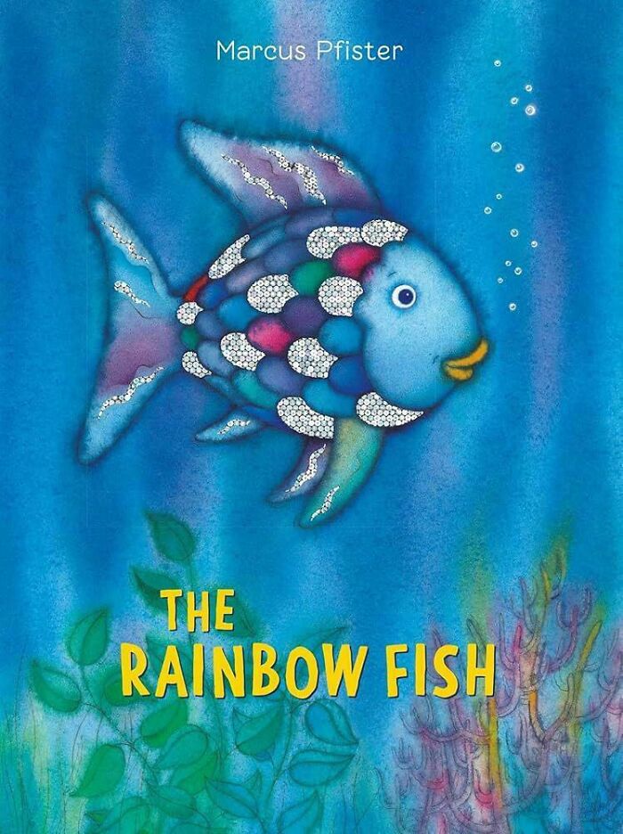 Cover of "The Rainbow Fish" book, a vibrant illustration from the '90s showcasing a colorful fish.