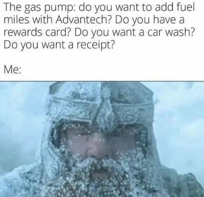 Frozen man meme humorously depicting funny and relatable experience at a gas pump.