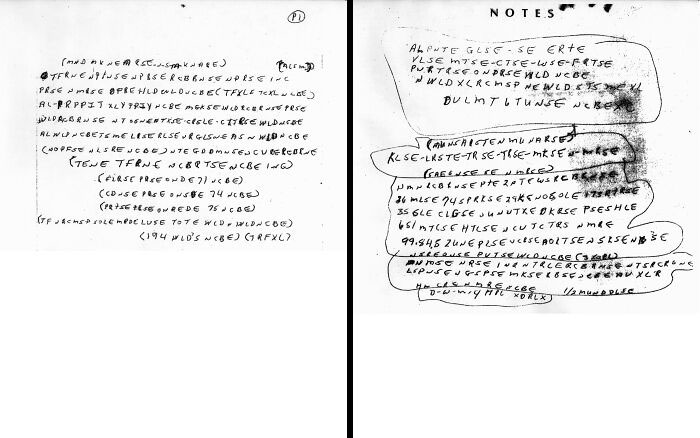 Mysterious handwritten notes with undeciphered code, related to weird unsolved mysteries.