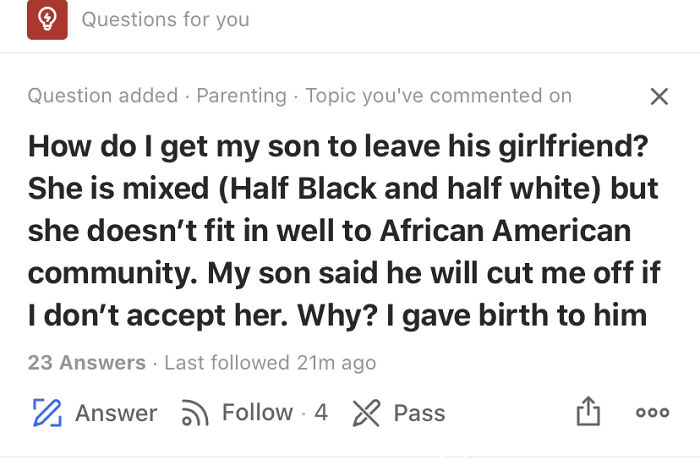 Question about parenting, expressing concerns over son's relationship and cultural acceptance. Weirdest questions on Quora.