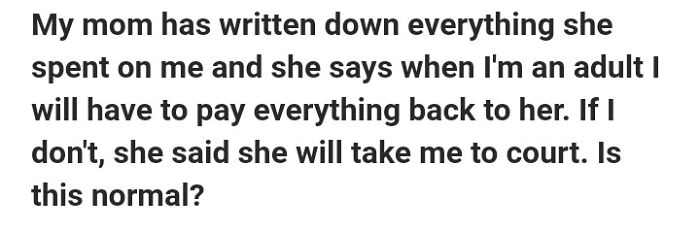 Text from Quora question about paying back parental expenses.