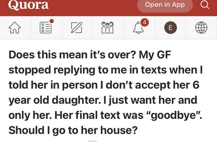 Weird question on Quora about relationship issues after a breakup due to rejecting partner's child.