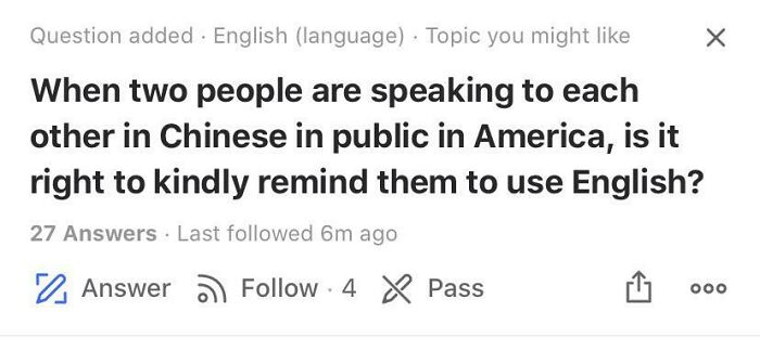 A weird question on Quora asks if speaking Chinese in public should be discouraged in favor of using English.