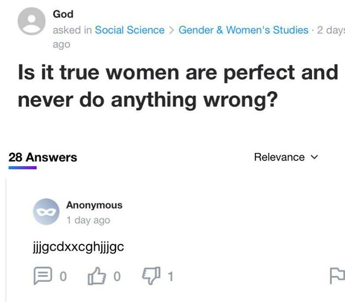 Weirdest Quora question about women's perfection with an unrelated anonymous answer below.