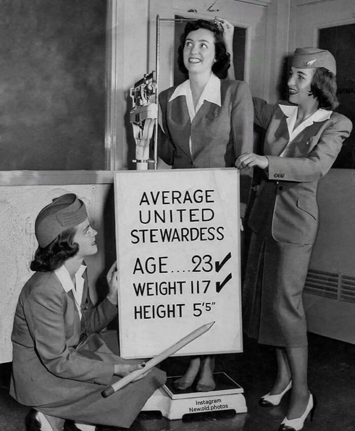 Three stewardesses in uniform presenting standards sign; historical photos of airline industry decades ago.