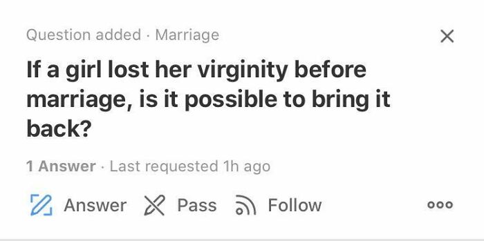 Screenshot of a strange question on Quora about reclaiming virginity before marriage.