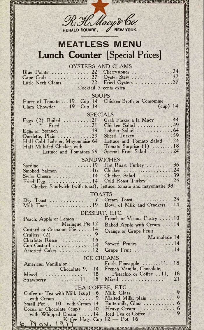 Meatless menu from R.H. Macy & Co., showcasing historical meal options and prices from decades ago.