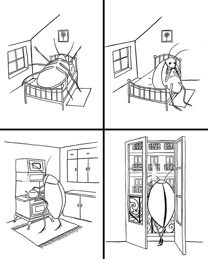 Minimalistic cartoon by Natalya Lobanova shows a bug-like creature in various domestic settings.