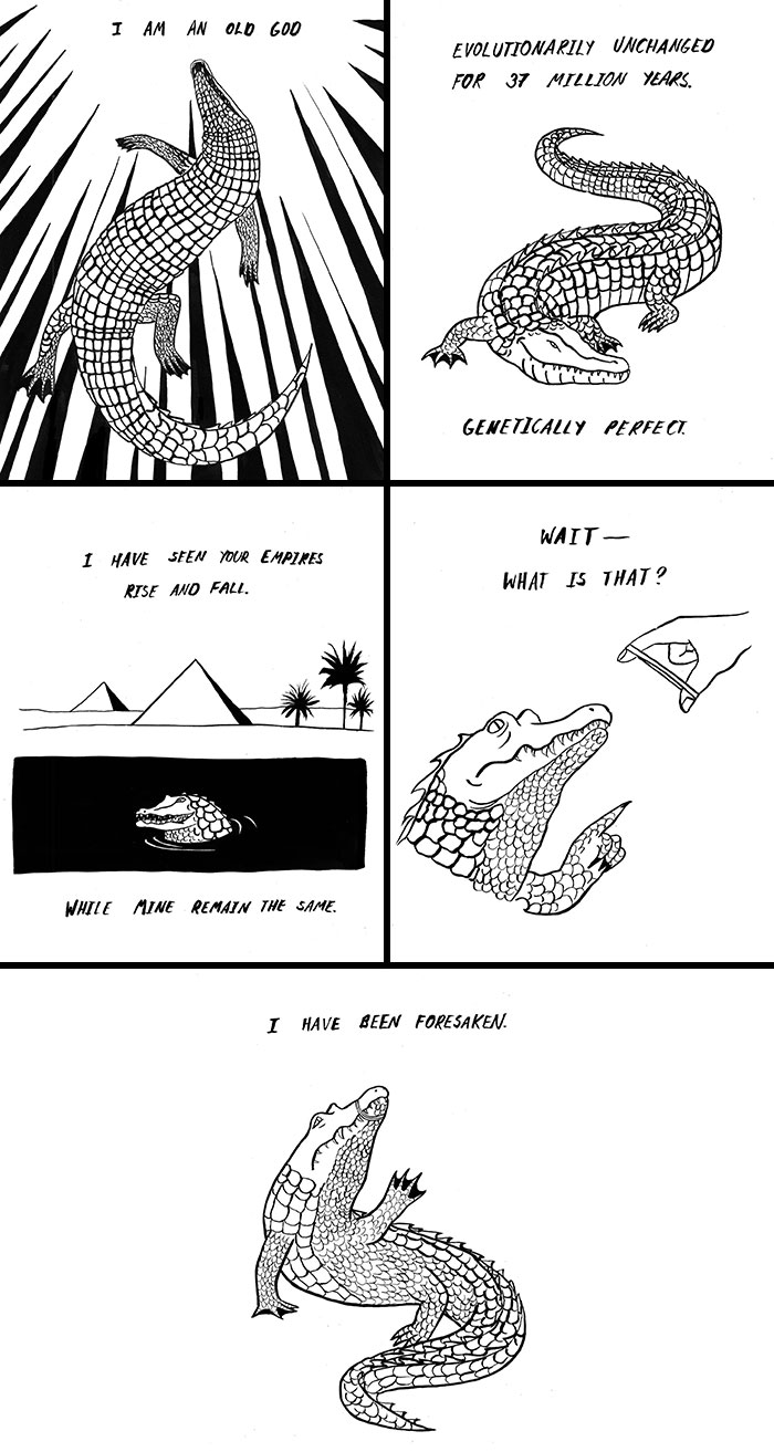 Minimalistic cartoon by Natalya Lobanova featuring a humorous crocodile reflecting on evolution and its downfall.