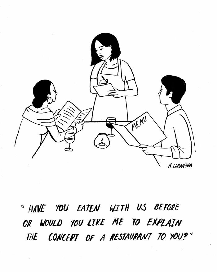 Minimalistic cartoon by Natalya Lobanova showing a server asking two customers if they need the concept of a restaurant explained.