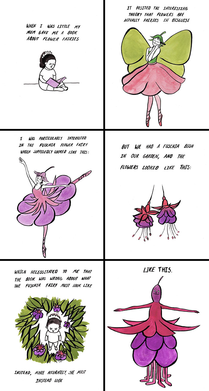 Minimalistic cartoon by Natalya Lobanova depicting a humorous take on flower fairies and fuchsia flowers.