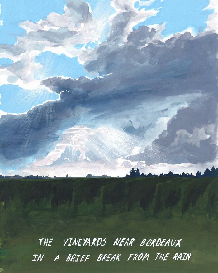 Minimalistic illustration by Natalya Lobanova depicting vineyards under cloudy skies with sunrays breaking through.