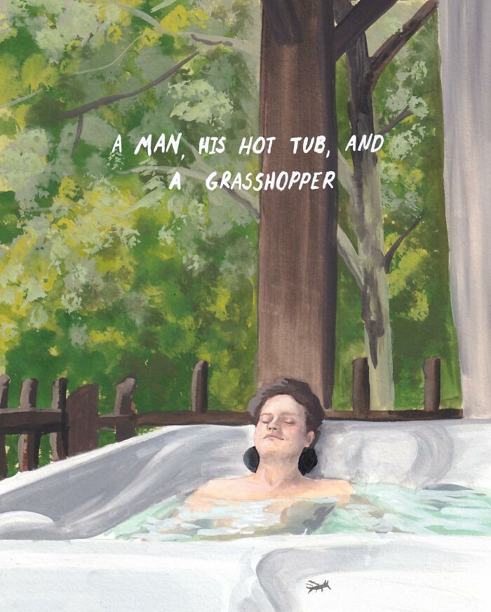 Minimalistic cartoon by Natalya Lobanova: a man relaxes in a hot tub outdoors with text overlay about a grasshopper.