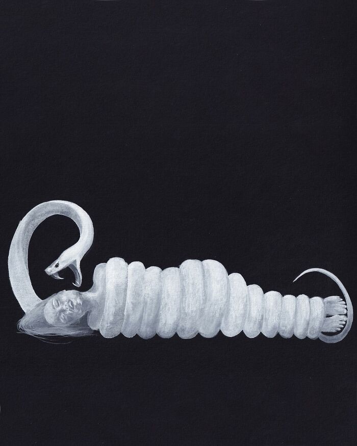Minimalistic cartoon by Natalya Lobanova showing a person wrapped in a white snake against a dark background.