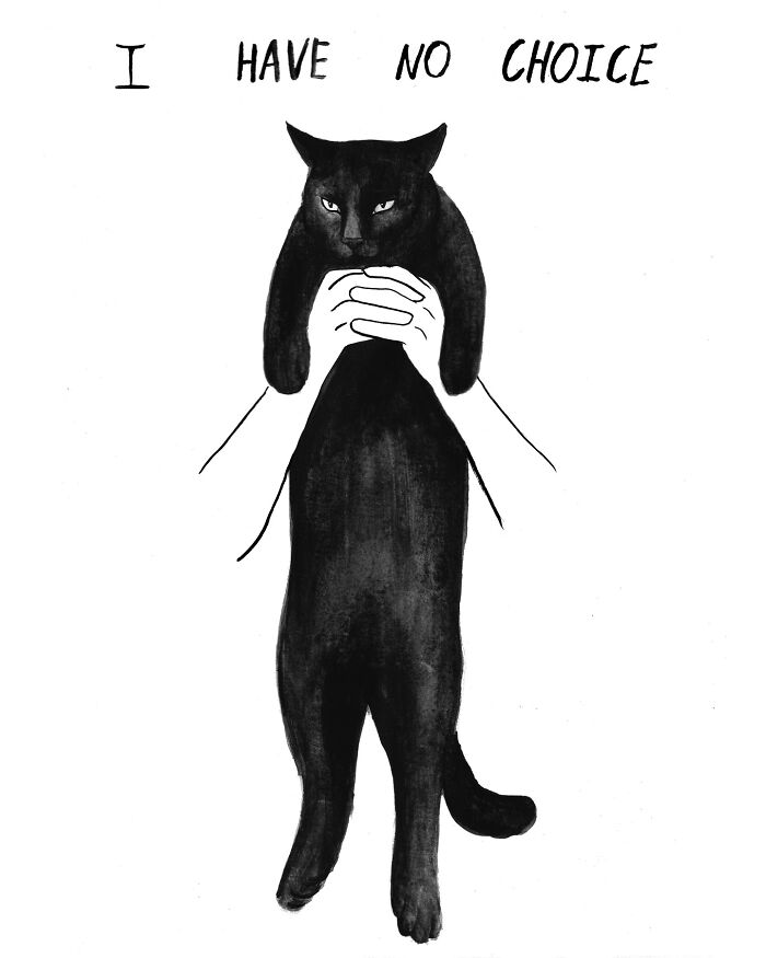 Minimalistic cartoon by Natalya Lobanova of a person holding a black cat with text "I have no choice" above.