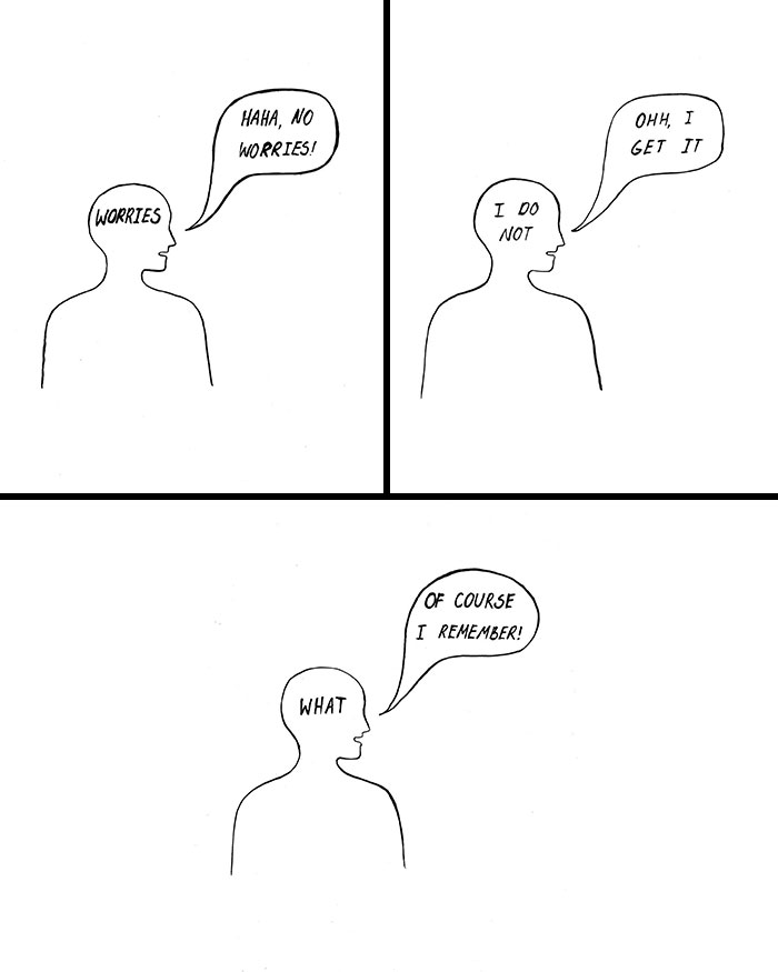 Minimalistic cartoon by Natalya Lobanova showing internal vs external dialogue in three panels.