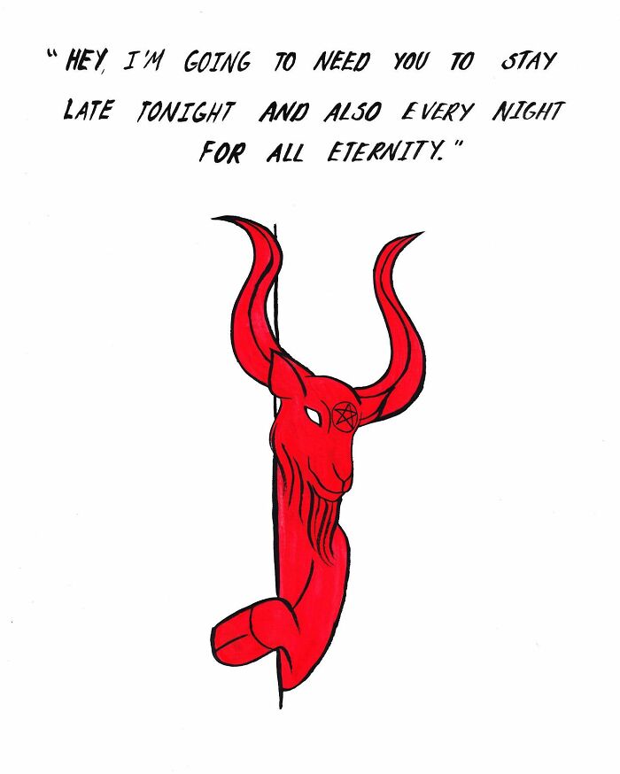 Red devil minimalist cartoon by Natalya Lobanova with a humorous caption about staying late.