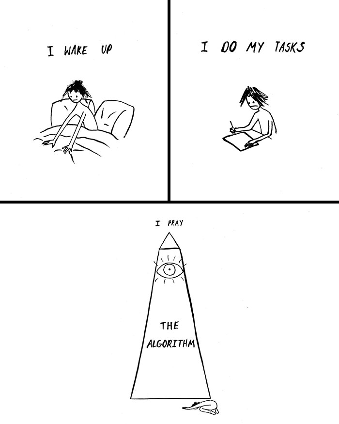 Minimalistic cartoon by Natalya Lobanova depicting daily routine and worship of the algorithm with simple line drawings.