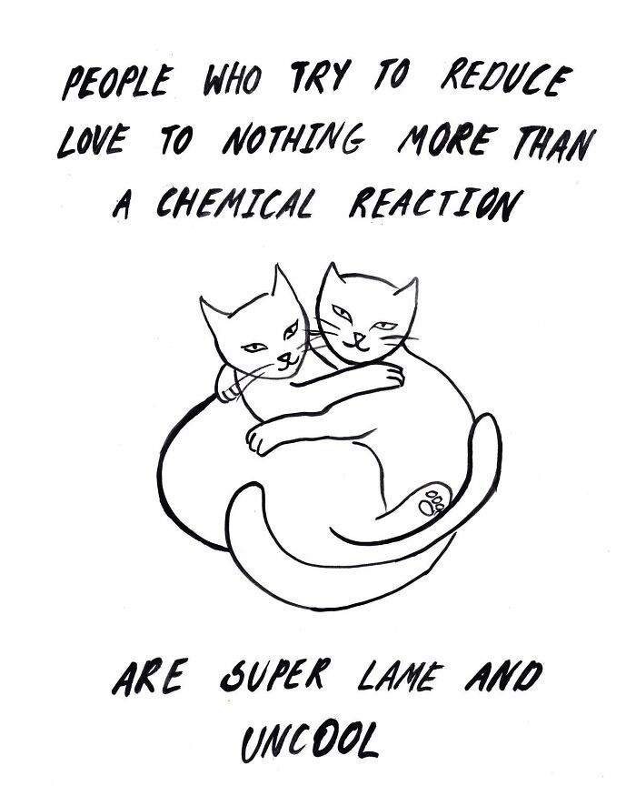 Minimalistic cartoon by Natalya Lobanova of two cats hugging with text about love.