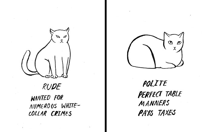 Minimalistic cartoon by Natalya Lobanova featuring two cats: one rude and criminal, the other polite and responsible.