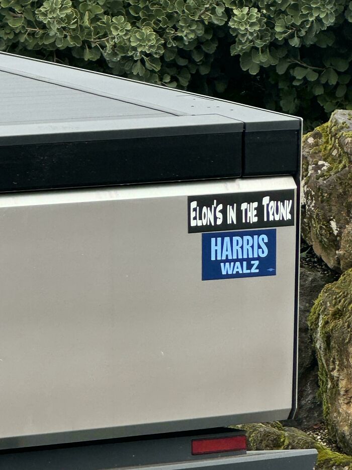 Funny bumper stickers on a car trunk, including "Elon's in the Trunk" and "Harris Walz".