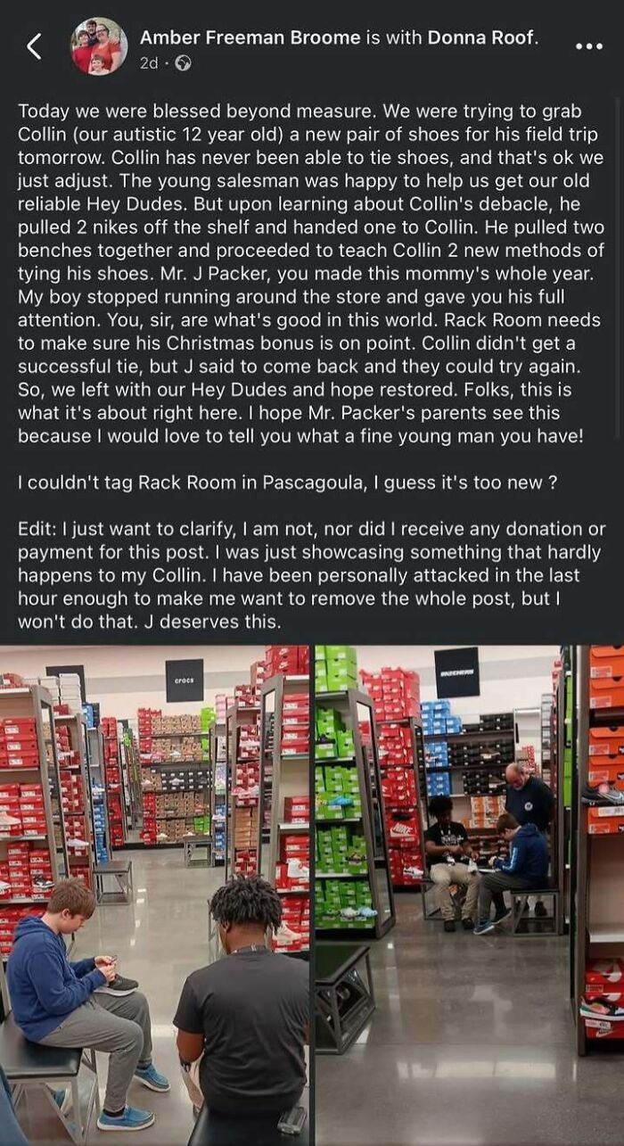 A young man helps teach an autistic child to tie his shoes, showing heartwarming kindness in a shoe store.