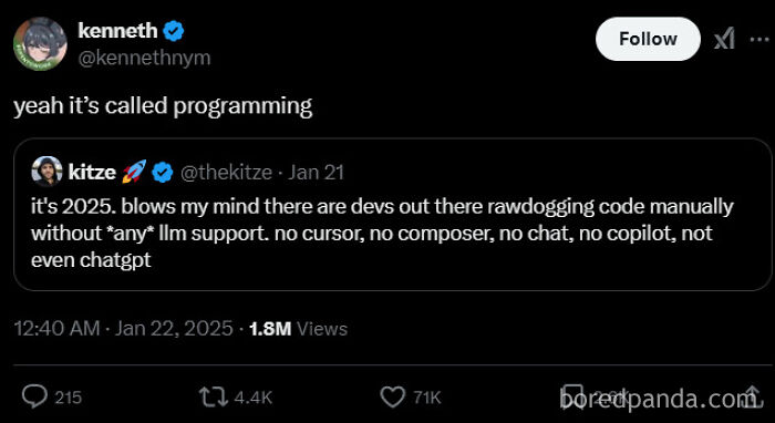 Meme for programmers discussing coding without AI support by 2025, shared on an online community platform.