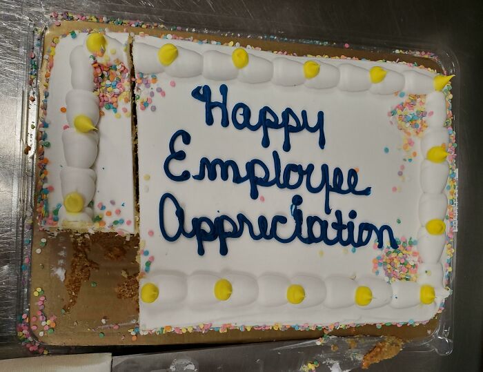 Employee appreciation cake with white frosting and sprinkles, depicting company gifts bonuses theme.