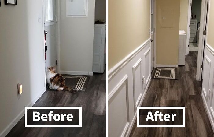 Hallway renovation brings apartment into the century; before and after comparison with updated flooring and wainscoting.