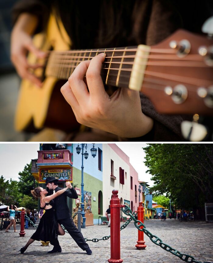 "Close-up of guitar playing; dancers perform tango on vibrant street, symbolizing overlooked historical events."