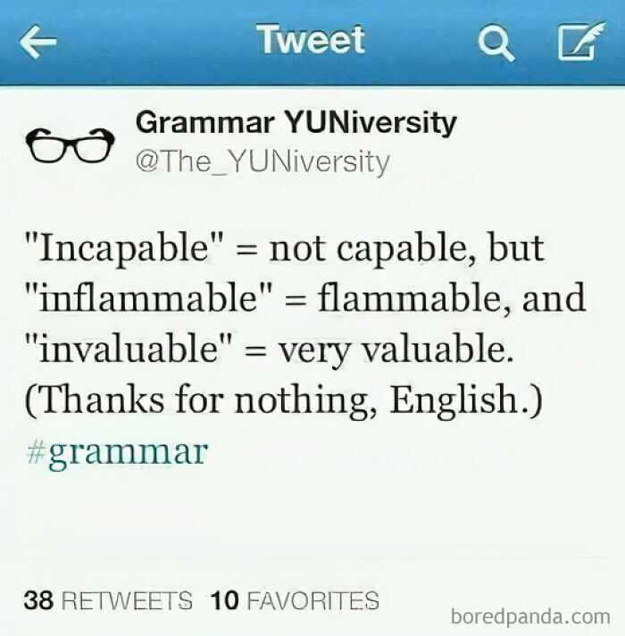 Linguistic meme highlighting confusing English words like incapable, inflammable, and invaluable from Grammar YUNiversity.