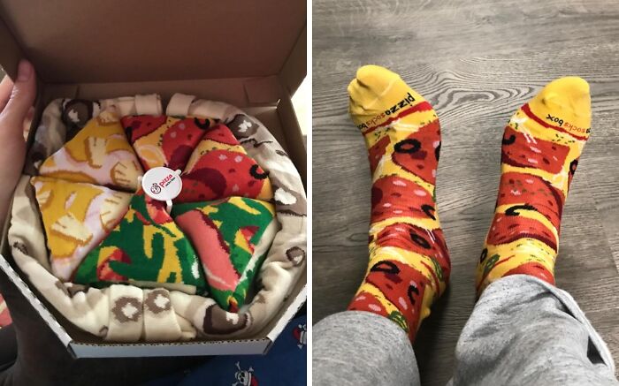 Weirdest gifts: pizza socks in a box and worn on feet, showing quirky, colorful designs.