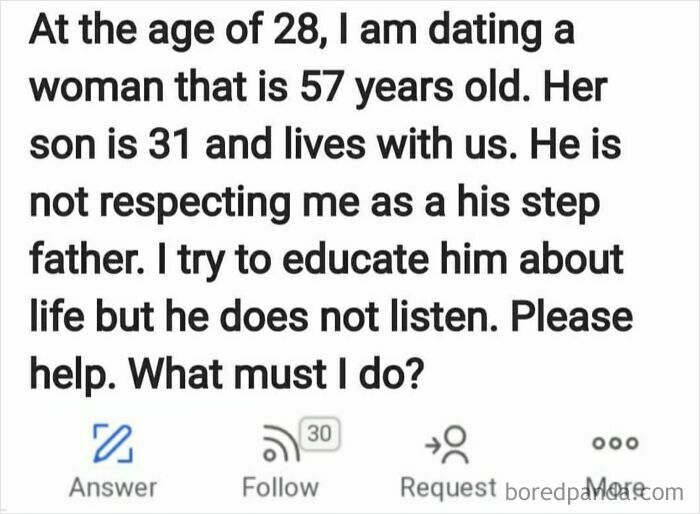 Text from Quora about a 28-year-old dating a 57-year-old, seeking advice on respect from her 31-year-old son.