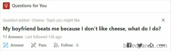 Quora screenshot showing a weird question about disliking cheese causing relationship issues.