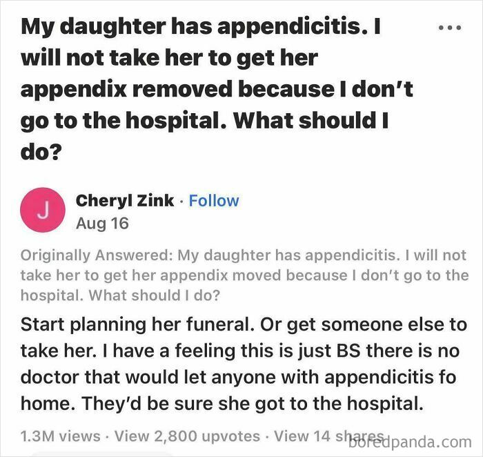 Weirdest Quora question about refusing appendix removal due to hospital aversion, with blunt response suggestion.