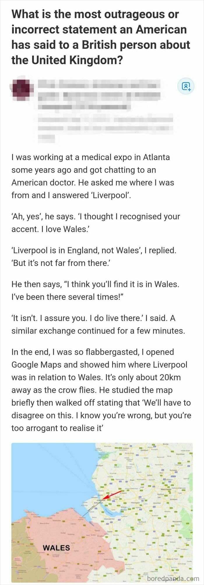 Text exchange about a misunderstanding between Liverpool's location in England and Wales, with a map image.