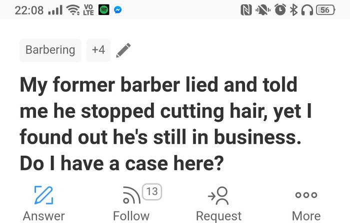 Screenshot of a weird Quora question about a barber lying about his business status.