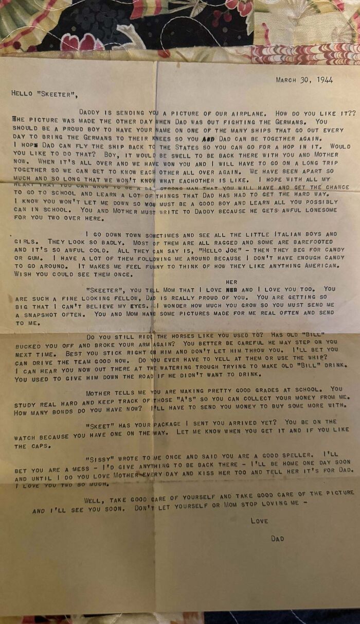 Typed letter from March 30, 1944, sharing insights on how people lived decades ago during wartime.