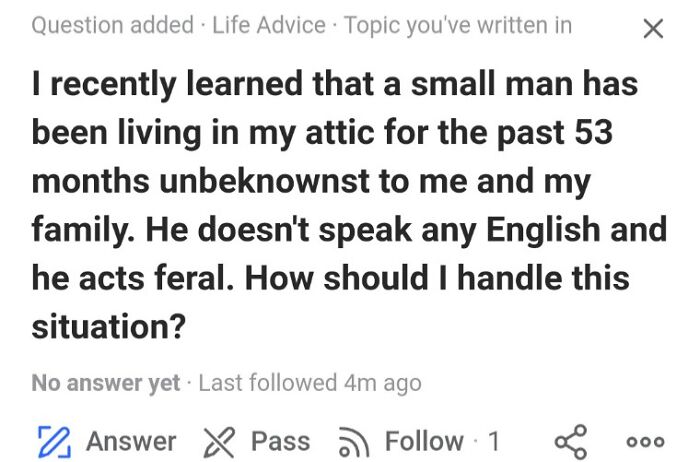Screenshot showing a weird question about a small feral man in an attic, asking for advice on handling the situation.