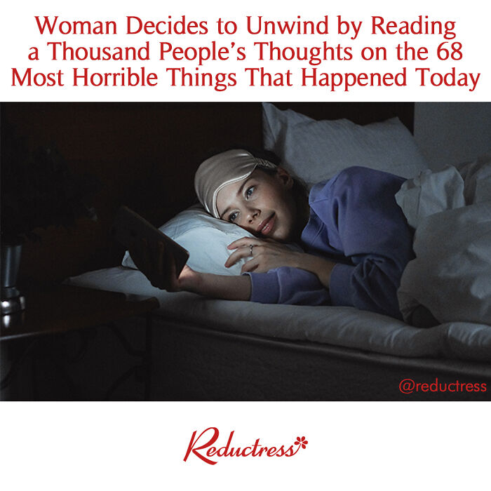 Woman lying in bed at night reading phone, illustrating funny fake article headlines from Reductress online magazine.