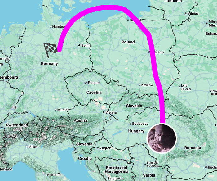 Map of Europe showing a journey route from Eastern Europe to Germany highlighting questionable movie details mocked by cinephiles online.