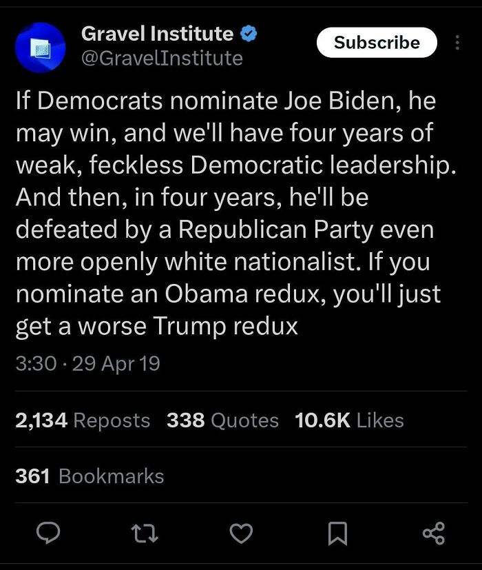 Tweet from Gravel Institute predicting future political events related to Joe Biden and the Democratic leadership.