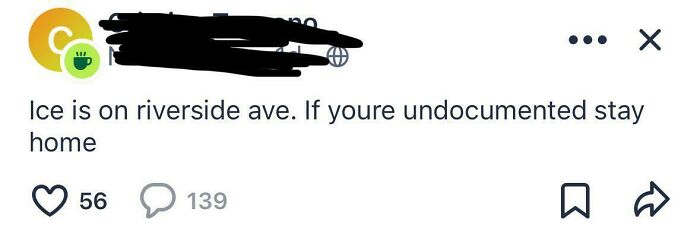 Screenshot of a wild post from a neighbors app warning undocumented residents about ICE activity on Riverside Ave.