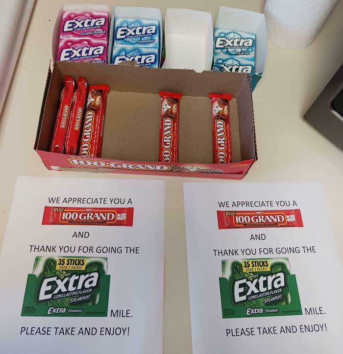 Candy and gum, labeled as company gifts and bonuses, displayed with appreciation notes.
